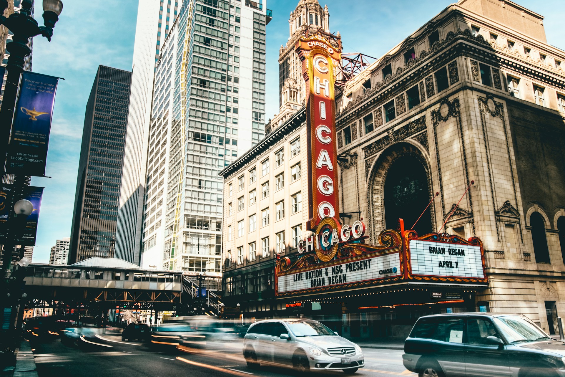 Chicago Theatre marquee and downtown Chicago streetscape